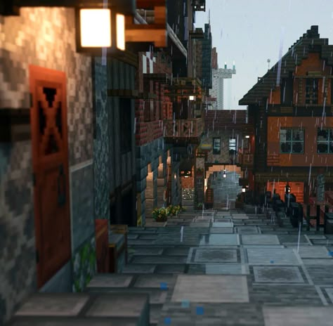 Ravine Town Minecraft, Minecraft Dystopian City, Underground Village Minecraft, Minecraft Hanging Sign, Dystopian Minecraft Builds, Minecraft Alleyway, Minecraft Slums, Minecraft Town Square Ideas, Minecraft Houses Starter