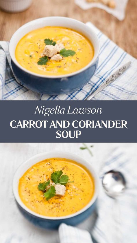 Nigella Carrot And Coriander Soup Carrot Coriander Soup, Carrot And Coriander Soup Recipe, Caramelized Carrots, Carrot And Coriander Soup, Nigella Lawson Recipes, Coriander Soup, Herb Soup, 300 Calorie Meals, Bariatric Diet