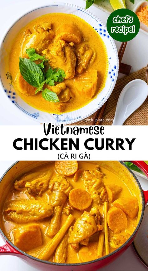 a collage of Vietnamese chicken curry (ca ri ga) Vietnamese Coconut Curry, Asian Chicken Curry, Chicken Curry Vietnamese, Vietnamese Curry Recipes, Vietnamese Chicken Curry Recipe, Chicken Vietnamese Recipes, Vietnamese Fried Chicken, Vietnamese Curry Chicken, Authentic Curry Recipes