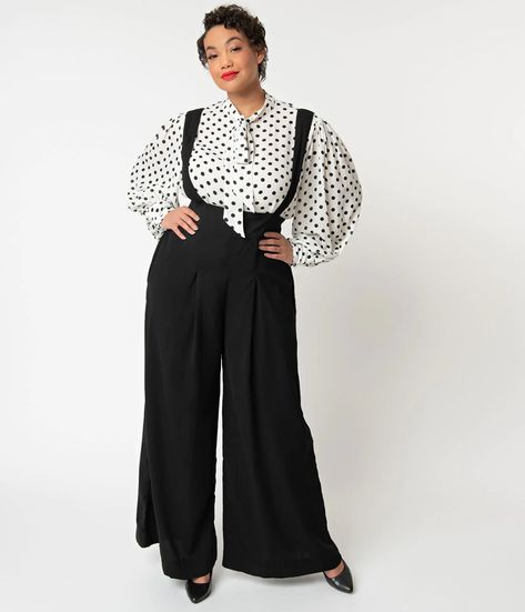 Unique Vintage Plus Size Black Wide Leg Rochelle Suspender Pants Vintage Brand Clothing, Uv Clothing, Look Plus Size, Suspender Pants, Plus Size Vintage, Black High Waist, Plus Size Fashion For Women, Plus Size Pants, Professional Outfits