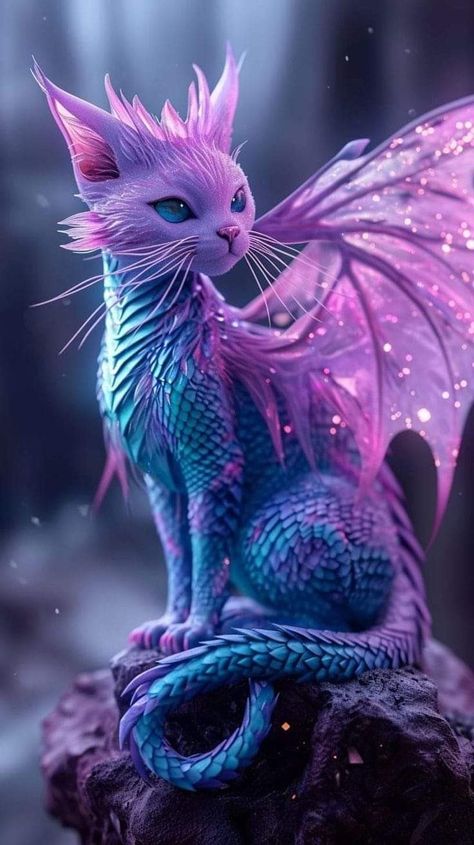 Cat With Wings, Cat Dragon, Magical Animals, Dragon Cat, Mythical Creatures Fantasy, Mystical Animals, Dragon Artwork Fantasy, Purple Dragon, Mythical Animal