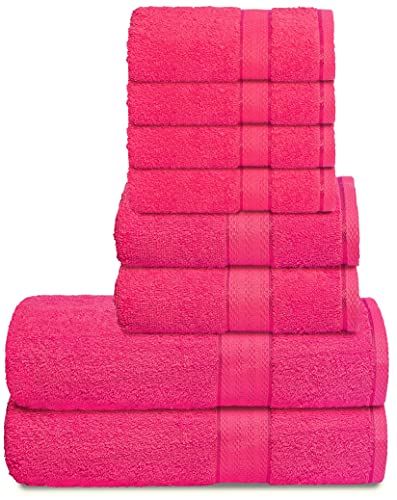 GLAMBURG 700 GSM Premium 8-Piece Towel Set - Contains 2 Bath Towels 30x54, 2 Hand Towels 16x28, 4 Wash Cloths 13x13 - Luxury Hotel & Spa Quality - Durable Ultra Soft Highly Absorbent - Hot Pink : Home & Kitchen Hot Pink Bathroom, Luxury Hotel Spa, Pink Dorm, Accent Wall Colors, Wash Cloths, Gray Towels, Striped Towels, Cotton Bath Towels, White Towels