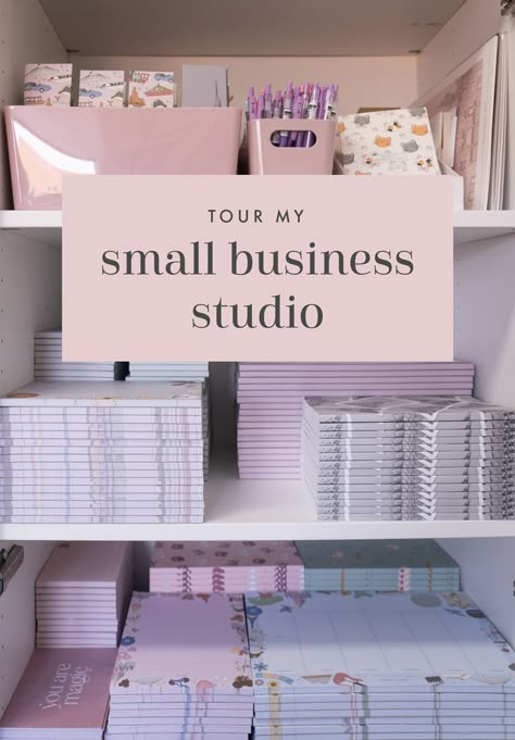 Shelves with notepads and stationery, all organised. Small Business Studio, Home Business Organization, Small Business Office, Business Storage, Business Vision Board, Small Business Organization, Packaging Ideas Business, Small Business Plan, Small Business Packaging Ideas