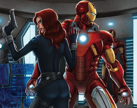 Black Widow and Iron Man Iron Man And Black Widow, Black Iron Man Suit, Iron Widow Fanart Book, Black And Gold Iron Man, Black Widow In Iron Man 2, Black Widow Avengers Age Of Ultron, Iron Man Art, Black Windows, Black Widow Marvel