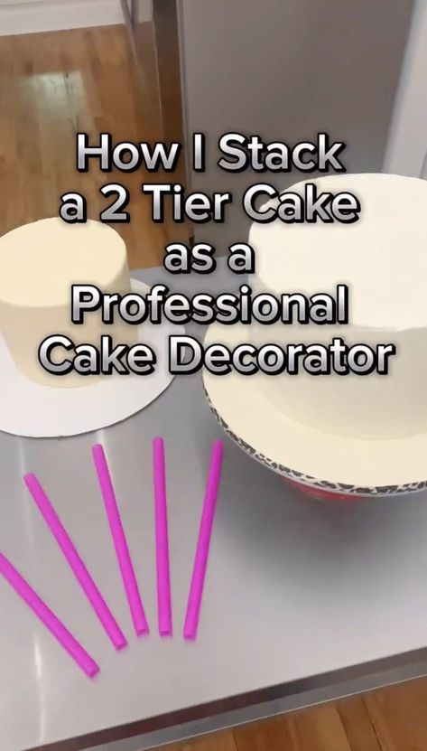 Learn how to stack a 2-tier cake like a pro with our easy-to-follow tutorial! We’ll guide you through supporting, doweling, and securely stacking each layer, ensuring a perfectly balanced and stunning cake for any occasion. Perfect for beginners and seasoned bakers alike! Tiered Cake Support, How To Make A 3 Tier Cake, How To Stack A Cake Step By Step, Stacking Cakes Tutorial, How To Stack Store Bought Cake, Cake Transporting Ideas, How To Stack A 3 Tier Cake, Diy Two Tier Cake, Two Tier Cake Tutorial