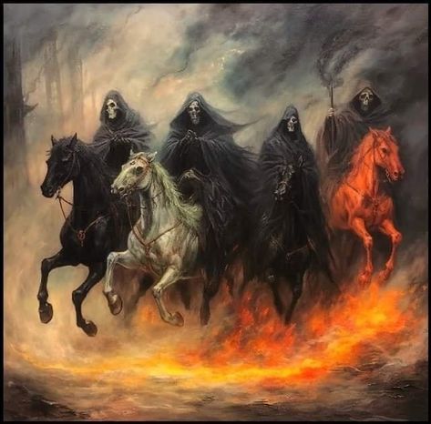 Four Horsemen Of The Apocalypse Tattoo, Demonic Creatures, Apocalypse Tattoo, Portrait Tattoo Sleeve, Four Horsemen Of The Apocalypse, Arte Heavy Metal, Four Horseman, The Four Horsemen, Four Horses