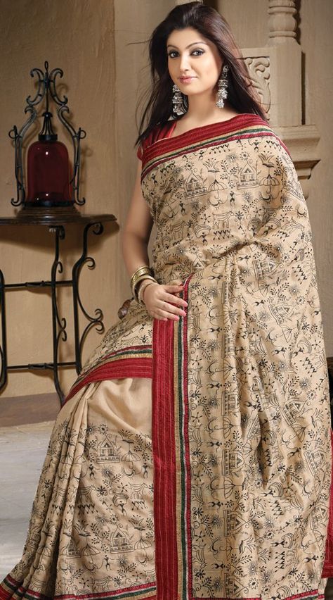 .Warli painting Kantha Sarees, Warli Art, Resham Work, Ethnic Sarees, Wedding Saree Indian, Border Embroidery, Art Silk Sarees, Saree Trends, Brown Art