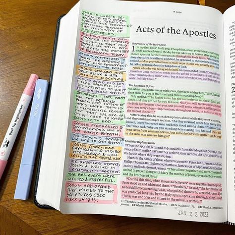 Bible Personalization Ideas, Acts 1 Bible Journaling, What To Highlight In A Bible, Things To Highlight In The Bible, Acts Bible Journaling, Bible Highlighting System, Acts Bible Study, Highlighted Bible, Wide Margin Bible