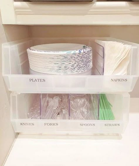 Foil And Baggie Storage, Paper Good Storage, Plastic Ware Holder Ideas, Organizing Plastic Utensils, Paper Plates Organization, Entertaining Closet Organization, Plastic Ware Storage Ideas, Plasticware Organization, How To Store Paper Plates And Cups