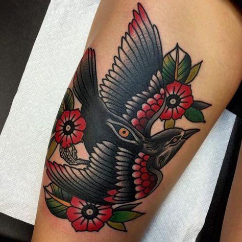 Traditional Tattoo Crow, Traditional Bird Tattoo, Mockingbird Tattoo, Songbird Tattoo, Mother Tattoos For Children, Red Bird Tattoos, Full Hand Tattoo, Traditional Tattoo Inspiration, Black Bird Tattoo