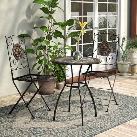 Marian 3 Piece Bistro Set Bistro Set Indoor, Small Outdoor Hightop Bistro Table, Metal Bistro Set, Cast Iron Bistro Set Outdoor, Cast Iron Bistro Table, Bistro Table Set, Round Metal Coffee Table, Ceramic Tile Colors, Metal Folding Chairs