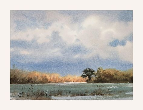 Andy Evansen,   "November Treeline" Andy Evansen, Fall November, Master Watercolor, Watercolor Scenery, Paper Art Sculpture, Watercolor Clouds, African Paintings, Watercolour Landscape, Watercolor Mixing