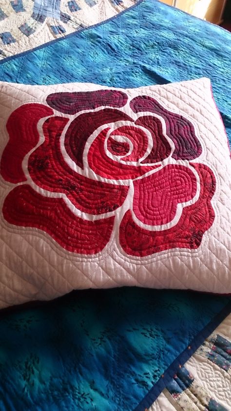 Rugby rose applique cushion cover. I am one of the millions who follow. #carrythemhome Applique Cushion Covers, Spring Throw Pillows, American Embroidery, Applique Cushions, Embroidery Store, Cute Cushions, Rose Pillow, Quilt Sewing Patterns, Rose Applique