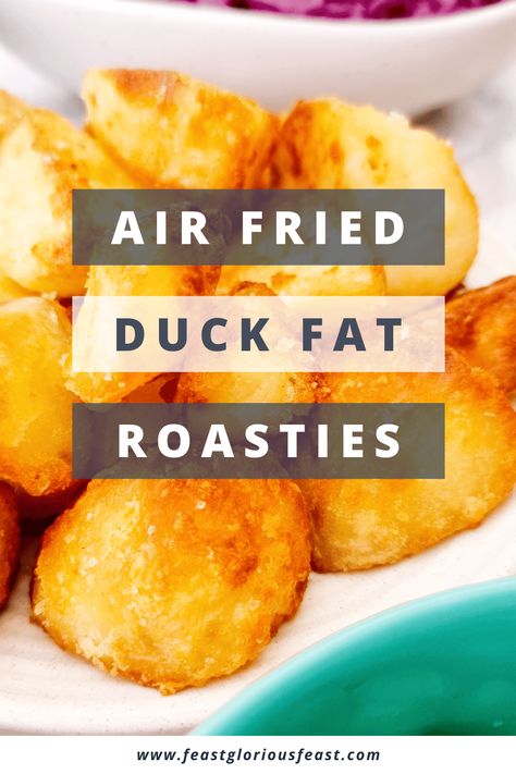 These Air Fryer Duck Fat Roast Potatoes are first parboiled then tossed in delicious duck fat before being cooked to crispy perfection. I've included my favourite trick to make them extra crunchy and really pack in that mouth-watering duck flavour that make these roasties extra special. #FeastGloriousFeast Duck Fat, Roast Potatoes, Mouth Watering, Air Fryer, Potato