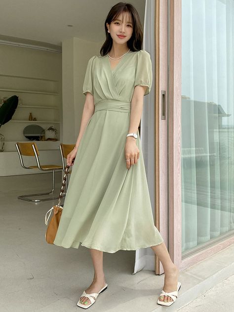 Mint Green Casual Collar Short Sleeve Fabric Plain A Line Embellished Non-Stretch  Women Clothing Light Green Casual Dress, Outfit For Court For Women, Mint Dress Outfit, Green Dress Shein, Green Mint Dress, Dress Korean Style Simple, Classy Crochet Dress, Green Puff Sleeve Dress, Green Dress Aesthetic