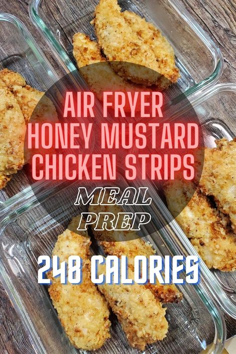 4 servings of air fryer honey mustard chicken strip meal prep recipe – 248 calories per meal prep bowl, 5 grams of fat, 7 grams of carbohydrate, and 41 grams of protein per bowl. Chicken Tenders Meal, Air Fryer Honey Mustard Chicken, Honey Mustard Chicken Tenders, Mustard Chicken Tenders, Air Fryer Chicken Strips, Air Fryer Meal Prep, Healthy Air Fryer Chicken, Healthy Chicken Meal Prep, Air Fried Chicken Tenders