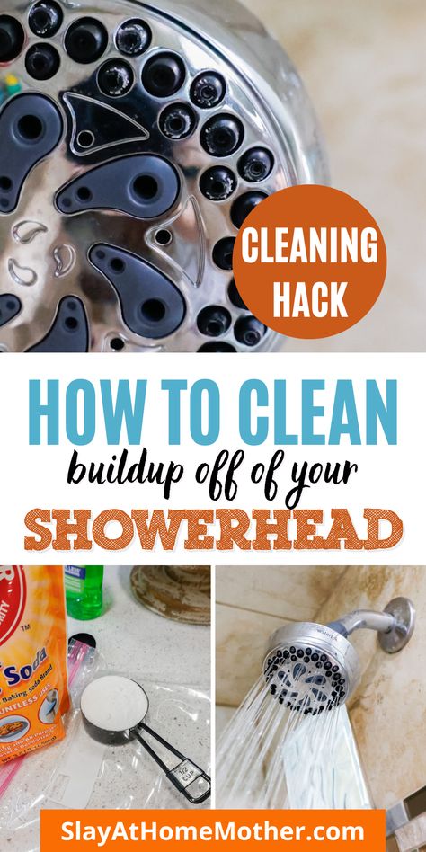 No elbow grease needed for this easy cleaning hack! Clean your showerhead (buildup and all) while you're away at work, or even overnight while you sleep. #cleaninghacks #slayathomemother #shower #bathroom #cleaningtips #cleaning Shower Tub Cleaning Hacks, Shower Cleaning Solution, Descale Shower Head, Shower Head Cleaner Diy, How To Clean A Shower Head, Cleaning Shower Hacks, How To Clean Shower Head, Dawn And Vinegar Shower Cleaner, Showerhead Cleaning