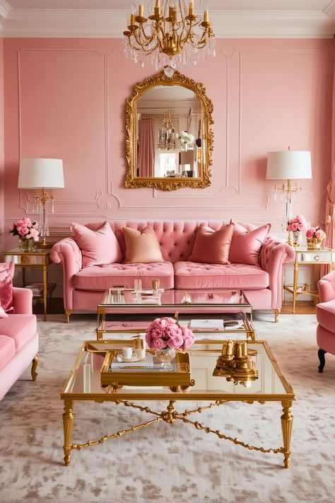 25 Vibrant Living Room Styles That Will Make Your Friends Jealous – The Crafty Hacks Pink And Gold Interior, Vintage Glamour Living Room, Pink Salon Couch, Pink And Gold Living Room, Pink Vintage Couch Living Room, Pastel Living Room Decor, Pink Living Room Furniture, Vintage Glam Living Room, Rose Living Room