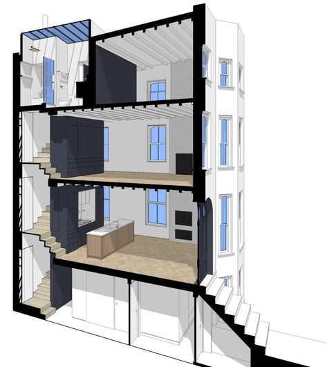 Before & After: A Super-Skinny Row House in Brooklyn Gets an Airy, Loftlike Makeover - Dwell Rowhouse Floor Plan, Small Row House Design, Townhouse Plans, Dollhouse Renovation, Townhouse Renovation, Row House Design, Townhouse Ideas, Hill Photo, Small Apartment Building