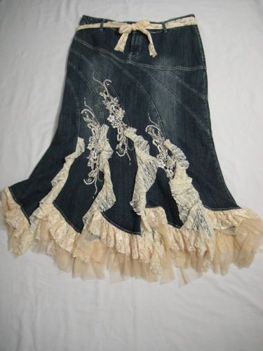 brown lace denim skirt | New West 36th Ladies XL Skirt Denim Lace Rhinestones Beading ... Flare Jeans With Lace, Denim Lace Dress, Denim And Lace Skirt, Lace Jean Skirt, Denim Lace Skirt, Jean Skirt With Lace, Thrift Diy Upcycling, Lace Dress Over Jeans, Denim Skirt Upcycle