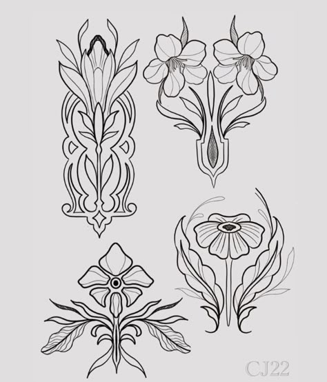 Ornamental Art Nouveau, Art Nouveau Reference, Art Nuevo Flowers, Art Nouveau Symbols, Art Neuvo Tattoos, Art Deco Ornamental Tattoo, Art Nouveau Shapes, Art Nuevo Tattoo, Art Neauveau Tattoos