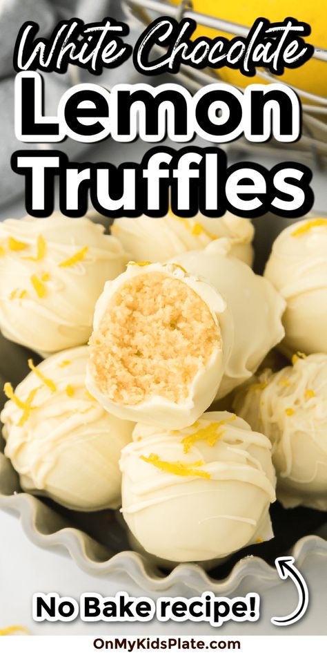 These delicious white chocolate lemon truffles are bursting with fresh tart lemon and sweet white chocolate flavor. Perfect for all lemon lovers, the inside is made with Golden oreos! No Bake Lemon Truffles, Lemon Chocolate Desserts, White Chocolate Lemon Truffles, Spring Truffles, Lemon Desserts With Fresh Lemons, Lemon Cake Balls, White Treats, Lemon Delight, Lemon Truffles