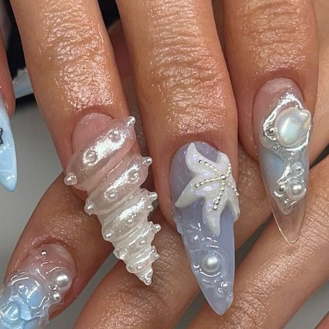 nails by cindy ꪆৎ ˚₊⋅ on Instagram: "handsculpted ocean nails 🐚🫧 
inspo: xhs 📕 
✧
✧
✧
✧
✧ 
#gelnails #nailinspo #nailinspiration #nailart #gelx #gelxnails #apresgelx #handpaintednails #vancouvernails #oceannails #summernails #texturednails #auranails #starnails #3dnailart #shellnails" Xhs Nails, Jellyfish Nails, Ocean Nails, Star Nails, 3d Nail Art, July 12, Nails Inspo, Jellyfish, Stylish Nails