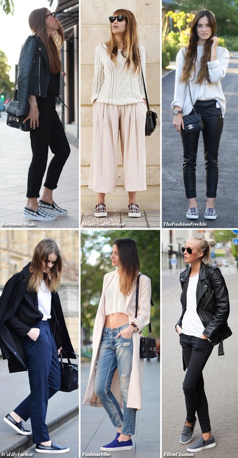 How to Wear: Slip-Ons How To Wear Vans Slip Ons, Outfits With Vans Slip Ons, Slip On Sneakers Outfit, Sneakers Women Outfit, Black Slip On Sneakers Outfit, Slip Ons Outfit, Slip On Sneakers Women, Shoe Styling, Vans Slip Ons