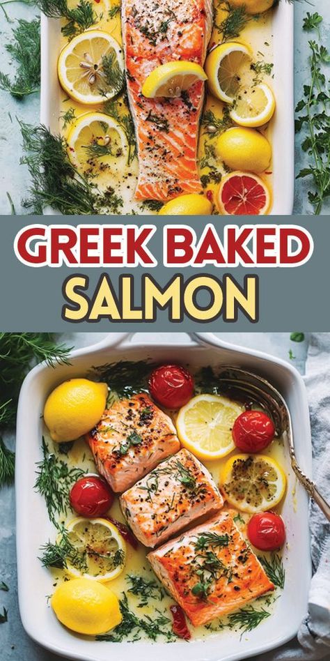 Greek Baked Salmon Ingredients: 4 salmon fillets (approx. 6 oz. each) 3 tablespoons olive oil Juice of 1 lemon 2 cloves garlic, minced 1 tablespoon fresh dill, chopped 1 teaspoon dried oregano (or Italian seasoning) 1 cup cherry tomatoes Salt and pepper to taste Feta cheese, crumbled Lemon slices for garnish #salmon #easyrecipes #camilarecipes Greek Salmon Recipe, Lemon Dill Salmon, Baked Salmon Lemon, Salmon Meal Prep, Lemon Pepper Salmon, Med Diet, Lemon Salmon, Lemon Dill, Lemon Slices