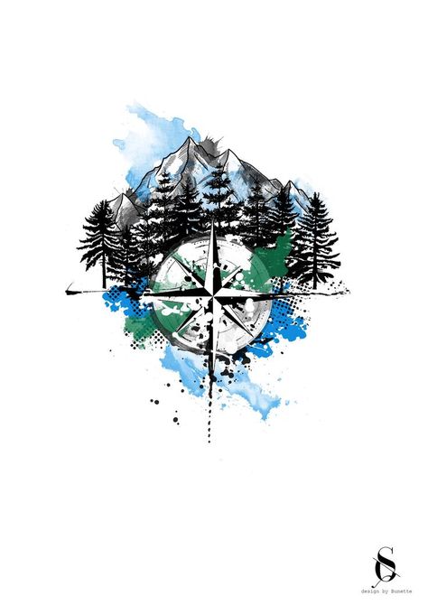 Compass Watercolor, Compass Tattoo With Mountains And Ocean, Mountain Sea Compass Tattoo, Compass Mountain Tattoo Design, Nature Compass Tattoo, Forest Compass Tattoo, Tatoo Adventure, Uncharted Tattoo, Compass Forest Tattoo