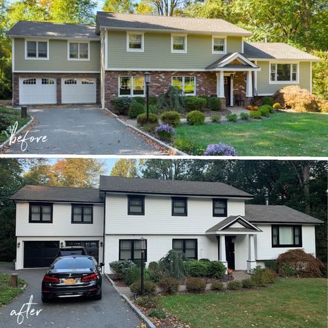 Benjamin Moore Super White Garrison Colonial Interior Remodel, Before And After Home Exterior, Exterior Paint Palette, Deck Gates, House Exterior Before And After, Painting Tricks, Before And After Home, Colonial House Exteriors, Siding Ideas