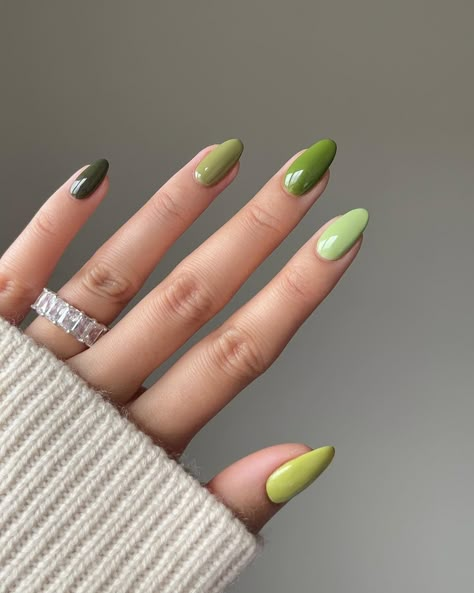 🍵🥦🥬🥒🥑🫑🫛🫒 Using @gelcare.official (thumb to pinky) Chartreuse Wasabi Matcha Pickle Detox green * discount code: NAILSBYALSN Ring @treasurebox.jewelry *discount code: NAILSBYALSN ————- *aff #greennails #swatch #gelnails #gelcare #aesthetic #minimalnails #ombre #monochrome #nailinspo #springnails #fallnails #spring #green green monochrome mixed fall gel almond nail inspo Multiple Green Nails, Chartreuse Green Nails, Green Skittle Nails, Pickle Nails, Chartreuse Nails, Matcha Green Nails, Moss Nails, Matcha Nails, Monochromatic Nails