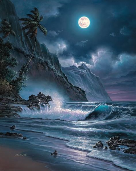 Full Moon Pictures, Painting Moonlight, Surf Painting, Moonlight Painting, Hawaii Art, Nature Art Drawings, Hawaiian Art, Seascape Art, Indian Art Paintings