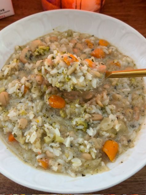 Vegan Vegetable White Bean and Rice Soup White Bean And Rice Soup, Rice And White Beans, White Bean And Rice, Vegan Rice Soup Recipes, White Bean Veggie Soup, Vegan Chicken And Rice Soup, Vegan White Bean Soup Recipes, White Bean Rice Dill Soup, White Beans And Rice