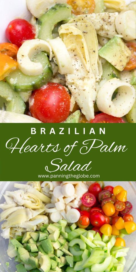 sliced hearts of palm, sliced marinated artichoke hearts, halved cherry tomatoes and chunks of avocado and slices of cucumber in a bowl. Salad With Artichoke Hearts, Salad With Artichokes, Hearts Of Palm Salad, Artichoke Salad, Heart Of Palm, Hearts Of Palm, Simple Salad, Artichoke Recipes, Feed A Crowd