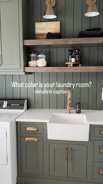 Painted Cabinets In Laundry Room, Light Green Cabinets Laundry Room, Green Paint Laundry Room, Laundry Room Design Green, Utility Room Cabinet Colors, Sw Cast Iron Cabinets, Color Drench Small Laundry Room, Sage Green Laundry Room Ideas, Dark Green Laundry Room Cabinets