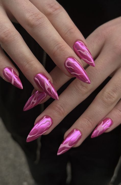 Pink Futuristic Nails, Pink Cyberpunk Nails, Pink Chrome Flame Nails, Hot Pink Chrome Nails Designs, Pink Edgy Nails, Simple Chrome Nails Designs, Artistic Nail Art, Chrome And Pink Nails, Matt Pink Nails