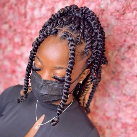 Short Passion Twists Color, Short Twist Hair Styles, How To Style Short Twist Braids, Short Passion Twists Hairstyle With Color, Kids Passion Twist, Short Rope Twist, Cool Braid Hairstyles For Short Hair, Short Passion Twists With Curls, Spring Twist Braids Short