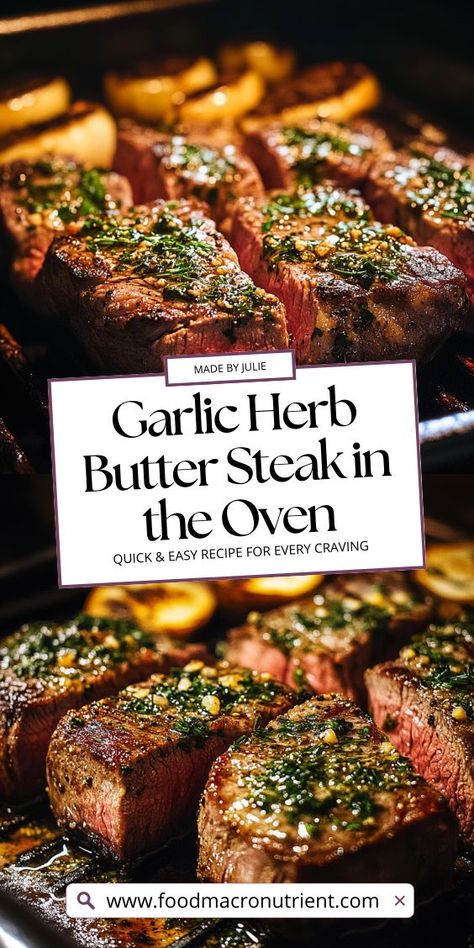 This garlic herb butter steak is the ultimate way to enjoy a perfectly cooked steak from the comfort of your own kitchen. With just a few ingredients and an oven, you’ll achieve that restaurant-quality tenderness and flavor everyone loves. Serve with your favorite sides for an unforgettable meal. Garlic Herb Butter Steak, Herb Butter Steak, Steak Oven, Herb Butter For Steak, Oven Baked Steak, Easy Oven Recipes, Decadent Dinner, Steak In Oven, Baked Steak