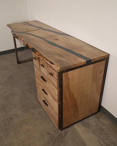 fly tying desks made with reclaimed wood, steel, live edge slabs, and even concrete. Fly Tying Room, Live Edge Desk Office, Steel And Wood Desk, Raw Edge Desk Top, Raw Edge Desk Home Office, Live Edge Desk Office Modern, Wood Desk Diy, Rustic Desks, Live Edge Wood Corner Desk