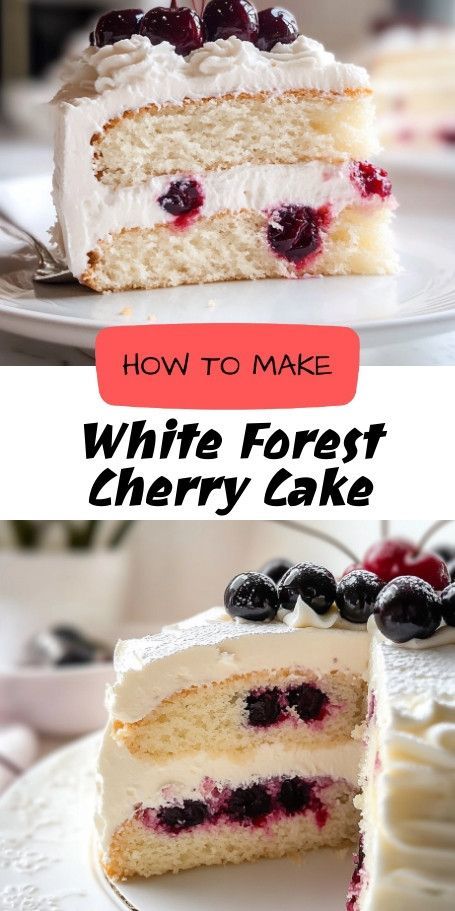 White Forest Celebration Cake Recipe: Delightful Vanilla, Cherry & Cream Layers Discover a luscious twist on a favorite with the White Forest Celebration Cake. Moist vanilla layers infused with cherry syrup, topped with whipped cream, cherries, and white chocolate shavings make it perfect for any festivity. Wow your guests with every slice of this exquisite dessert! ..... Mini Cake Recipe 6 Inch, White Cake With Fruit, Small Cake Recipes, Cake With Cherries On Top, Forest Celebration, White Forest Cake Recipe, White Forest Cake, Twilight Cake, Cake With Cherries