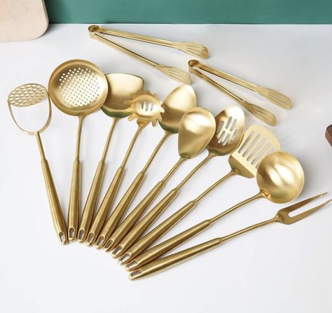 Brass Kitchen Utensils, Gold Kitchen Utensils, Metal Cooking Utensils, Brass Utensils, Southern Charm Decor, Gold Utensils, Gold Kitchen Accessories, French Farmhouse Kitchen, Kitchen Utensils Set