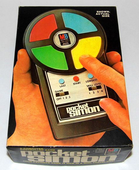 https://flic.kr/p/edQPhM | Vintage Pocket Simon Handheld Electronic Game by Milton Bradley, Copyright 1980 Obsolete Technology, Nerf Accessories, Makey Makey, 9v Battery, Pocket Game, Milton Bradley, Toy Ideas, Computer Games, Vintage Memory