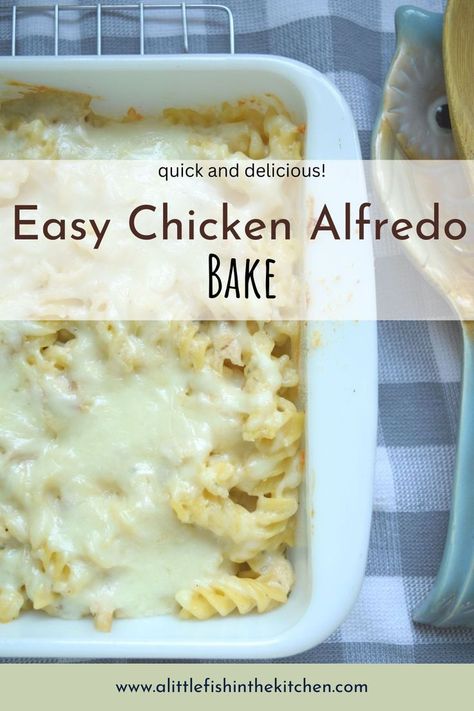 A white casserole dish sits atop a gray and white checkered towel. It's filled with Easy Chicken Alfredo Bake. Rotini pasta is covered with sauce and white melted cheese. Easy Chicken Alfredo With Rotisserie Chicken, Easy Alfredo Baked Pasta, Chicken Alfredo Easy Jar, Chicken Alfredo With Store Bought Sauce, Chicken Alfredo Using Jar Sauce, Chicken Alfredo Jar Recipe, Chicken Alfredo Rotisserie, Jar Chicken Alfredo Recipe, Chicken Alfredo With Canned Chicken