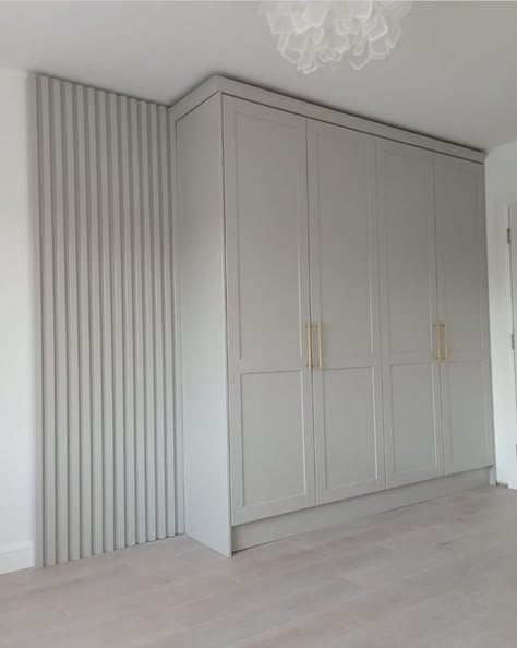 Light Grey Cupboards Bedroom, Painted Fitted Wardrobe Ideas, Sage Green Built In Wardrobe, Grey Dressing Room, Wardrobe Colour Ideas, Grey Wardrobe Bedroom, Grey Fitted Wardrobes, Fitted Wardrobe Ideas, Home Office Furniture Design