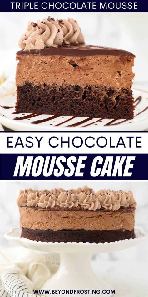 This creamy Chocolate Mousse Cake is an easy dessert made from layers of moist chocolate cake, fluffy chocolate mousse, and chocolate ganache. Best Chocolate Mousse, Chocolate Mousse Cake Recipe, Easy Chocolate Mousse, Mousse Cake Recipe, Perfect Chocolate Cake, Chocolate Work, Chocolate Whipped Cream, Chocolate Cake Recipe Easy, Chocolate Mousse Recipe