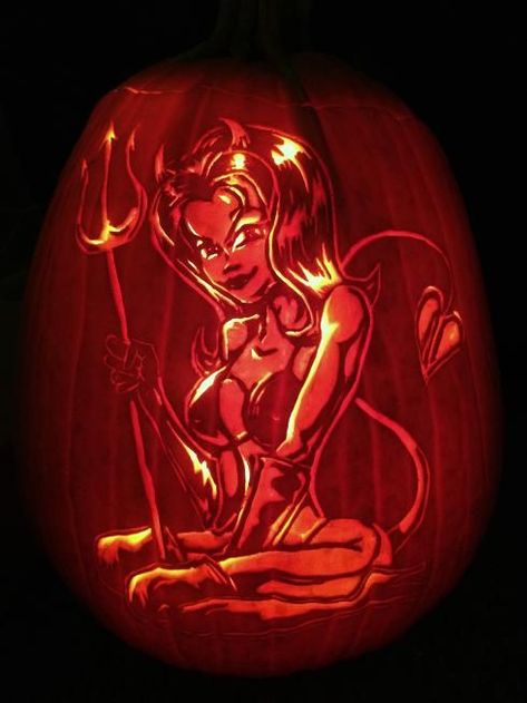 Sexy Devil pattern from Stoneykins.com Carved by WynterSolstice on a real pumpkin Devil Pumpkin Carving, Scary Pumpkin Carving Patterns, Devil Pumpkin, Funny Halloween Memes, Decorated Pumpkins, Halloween Pumpkin Carving Stencils, Amazing Pumpkin Carving, Scary Pumpkin Carving, Pumpkin Carving Designs