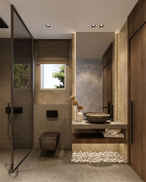 Gouna Residence | Bedroom 01 on Behance Wc Toilet Ideas, Wabi Sabi Bedroom Modern, Tulum Bathroom Design, Hotel Bathroom Interior Design, Bathroom Hotel Design, Earthtone Bedroom, Hotel Bathroom Design Luxury, Toilet Design Ideas, Wabi Sabi Bathroom