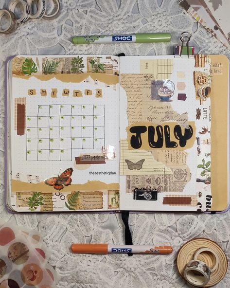 "Starting July with a vintage vibe! 📜✨ Loving my scrapbook-themed bullet journal cover page with calendar, all decked out with washi tape and stickers". 🗓️🎨 Materials used: 1.Scrapbook material @hasthipindia 2.Washi tape @hasthipindia 3.Stickers @funblast_official 4.Brush pen @domsindia 5.Sakura pigma fineliner @sakuraofamerica #bulletjournal #scrapbooktheme #washitape #stickerlove #planneraddict #bujosetup #bujoideas #bujoplanner #bujoinspire #bujocommunity #bujojunkie #bujocoverpage #bu... July Journal Ideas, Vintage Theme Journal, Vintage Bujo, July Bullet Journal Cover Ideas, July Bullet Journal Ideas, July Bullet Journal Cover, Vintage Bullet Journal, August Spread Bullet Journal, July Bujo