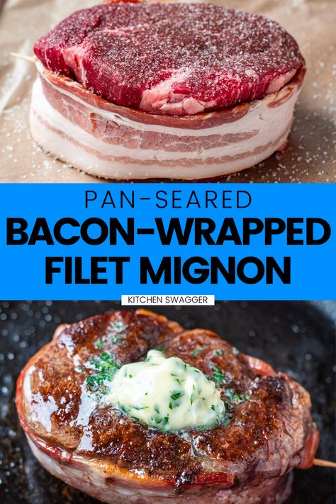 I consider bacon-wrapped filet mignon a fancy date-night-worthy meal with weeknight simplicity and ease. From prep to clean up, it’s about 25 minutes. This filet mignon recipe is tried and true and one of the easiest methods to yield a perfect steak every time. Make this recipe surf and turf with bacon-wrapped scallops! Filet Migon, Seared Filet Mignon, Perfect Filet Mignon, Pan Seared Filet Mignon, Bacon Wrapped Filet, Herb Butter Recipe, Mignon Steak, Filet Mignon Recipes